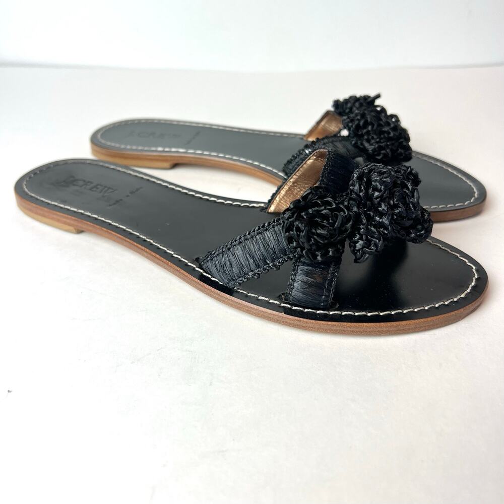 J. Crew Raffia Flower Leather Slide Sandals Black Size 9